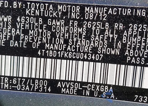 2012 Toyota Camry Hybrid Xle из США, поврежденный, VIN 4T1BD1FK6CU043407